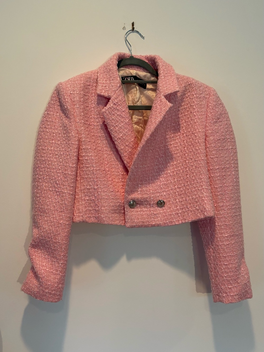 Zara Cropped Bouclé Blazer in Light Pink
